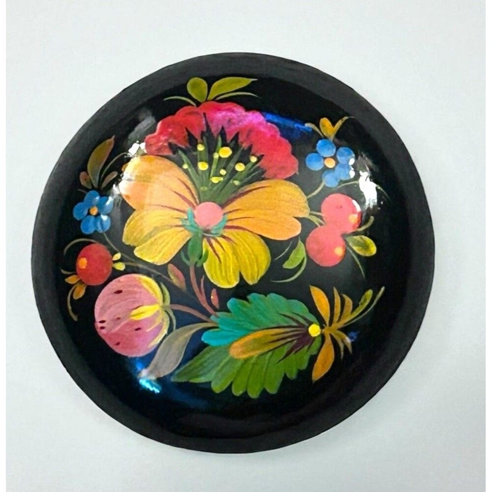 Vtg Trinket Box Black Enamel Hand Painted Lidded Wooden Flowers Ukraine